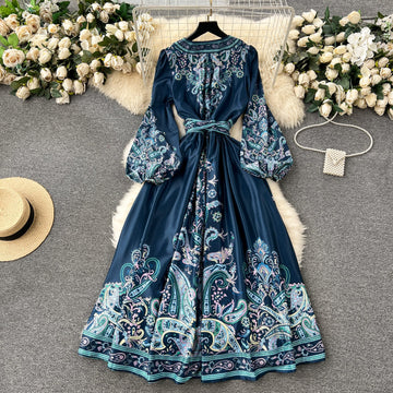 A line Long Sleeves Blue Floral Holiday Dresses Autumn Women's Dress SD1281